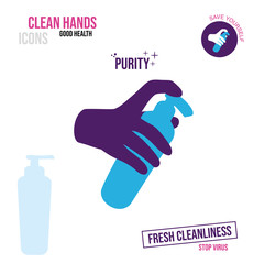 Icon of a hand holding a bottle with an antiseptic or liquid soap