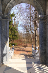 Russia, St. Petersburg, April 19, 2020, Marble Bridge in Catherine Park in the city of Pushkin in...