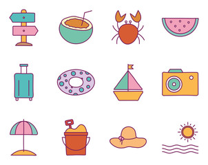 Summer line and fill style icon set vector design