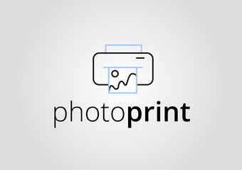 Logo with a printer icon and photo print. Logo with a printer icon and the inscription print photo. Printer icon with image on paper.