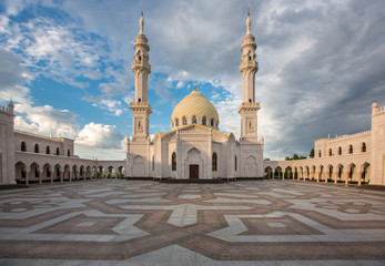 Beautiful white mosque in the city of Bolgar on the background of a beautiful blue sky