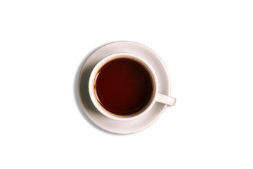 White cup and saucer isolated on a white background. Hot tea drink. Black tea.