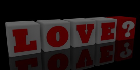 LOVE concept on white toy blocks with a question mark at the end