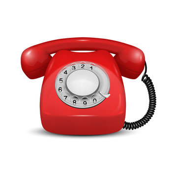 Vector 3d Realistic Vintage Retro Old Red Telephone Icon Closeup Isolated on White Background. Design Template, Call Center Support Concept. Front View