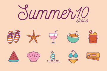 10 Summer line and fill style icon set vector design