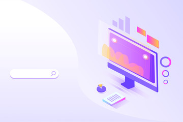 Online Marketing banner. Search bar and monitor with graphics. Concept of strategy, analytics, successful result and profit growth.