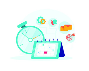 Time management concept planning, organization, working time. Clock, calendar, emails, puzzles pieces and targets icons isolated on the white background