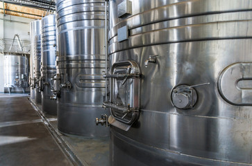 Steel wine tanks for wine fermentation at a winery