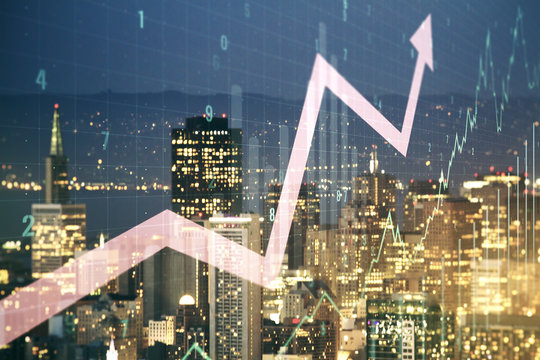 Multi exposure of virtual abstract financial chart and upward arrow interface on San Francisco skyscrapers background, rise and breakthrough concept