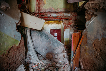 Interior of the ruined collapsed abandoned house