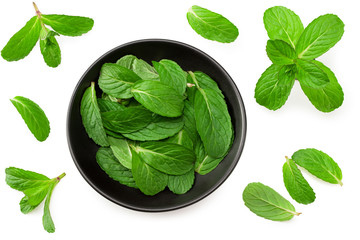 Fototapeta premium Fresh mint leaves in a black plate isolated on white background. top view