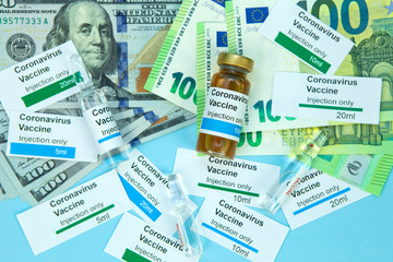 Spiculate on medical products. Lack of medicines and medical supplies in the coronavirus epidemic. COVID-19. U.S. dollars, vaccine labels on a blue background.