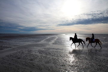 Fototapeta na wymiar two horseback riding people on mudflat with backlight