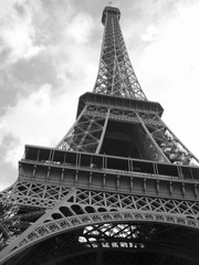 Eiffel Tower in Paris in Black and White with a cloudy sky,