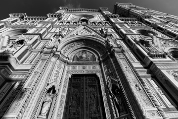 Duomo facade, Florence Cathedral, view from below in black and white