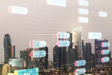 Multi exposure of abstract graphic coding sketch on Los Angeles cityscape background, big data and networking concept