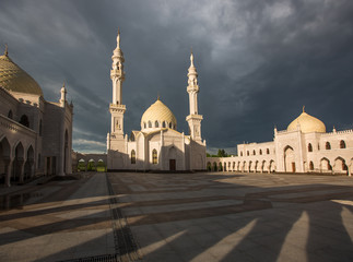 Beautiful white mosque in the city of Bolgar on the background of a beautiful gloomy sky
