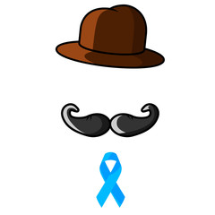 Brown hat with black mustache and blue ribbon. Wind graphics. Can be used as a board poster or logo.
