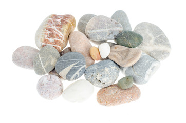 Fototapeta na wymiar Pile of gray sea smooth pebbles isolated on white background.