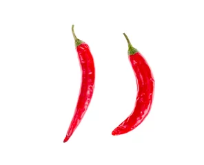 Fotobehang Two red small red chili peppers isolated on white background. © ArtCookStudio
