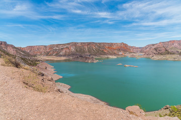 Fototapeta na wymiar Atuel canyon and Valle Grande reservoir in Mendoza, Argentina