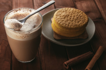 Cappuccino with banana cookies - top view