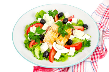 Lettuce, egg, fish, juice. Healthy eating. Photo