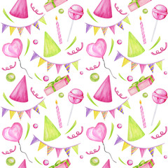 Holiday seamless pattern with colorful candies, cupcake, balloon, gift, confetti, star, carnival cap. Happy Birthday or party greeting card, scrapbooking, fabric, texture, gift paper concept.