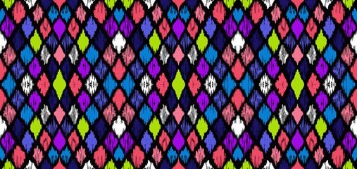 Ikat seamless pattern. Border with snowflakes. Openwork lace. New year Christmas background. Vector tie dye shibori print with stripes and chevron. Ink textured japanese background. Bohemian fashion. 