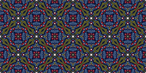 Ikat seamless pattern. Border with snowflakes. Openwork lace. New year Christmas background. Vector tie dye shibori print with stripes and chevron. Ink textured japanese background. Bohemian fashion. 