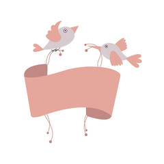 Two cute pink birds holding scroll banner. Blank banner mockup template for text