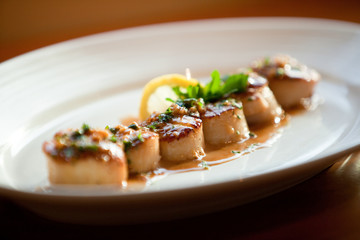 Scallops with Sauce in a Row with Garnish and Lemon Wedge - Gourmet Dinner