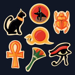 Set of stickers on the theme of ancient Egypt: Anubis, cat, eye, grief, sun, snake, flower, cross Ankh. Colorful illustration.