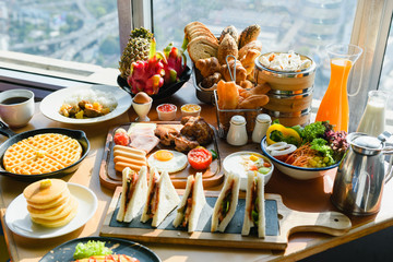 Luxury restaurant hotel buffet breakfast on table