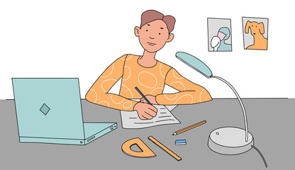 Schoolboy sits at home and studies at a desk with a laptop. School is online. Boy with a notebook, ruler, pencil, protractor and pen. Flat vector illustration