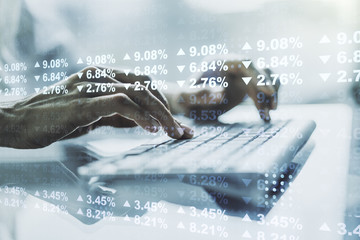 Multi exposure of abstract graphic data spreadsheet sketch with hands typing on computer keyboard on background, analytics and analysis concept