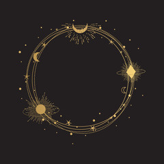Hand Drawn Gold Logo Frame with moon, sun, and stars. Abstract Golden Round Frame on black background. 