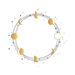 Hand Drawn Gold Logo Frame with moon phases and stars. Abstract Golden Round Frame on white background