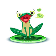 A cute frogling says ribbit. Vector illustration.