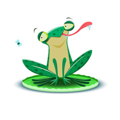 A little frog catches a fly. Vector illustration.