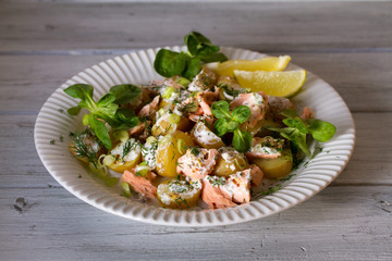 New Season Potato Salad with Poached Salmon. Healthy diet food