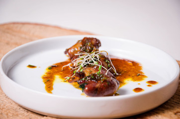 A gourmet avocado made with a sweet sauce