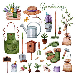 watercolor set of garden tools and equipment