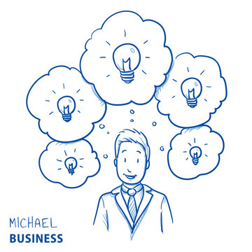 Happy modern business man, with lots of ideas in thought bubbles, concept for ideas, innovation, creativity. Hand drawn line art cartoon vector illustration.