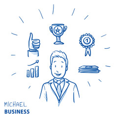 Happy modern business man, with success and winners icons, concept for leader, best employee. Hand drawn line art cartoon vector illustration.