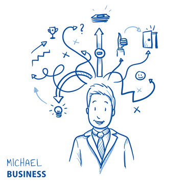 Happy modern business man, with arrows and strategy icons, concept for planning, strategy, idea. Hand drawn line art cartoon vector illustration.
