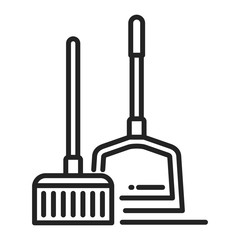 Scoop and broom line black icon. Clean the floor. Cleaning service. Outline pictogram for web page, mobile app, promo.