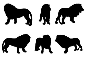 6 black and white set vector lion silhouette isolated on white background