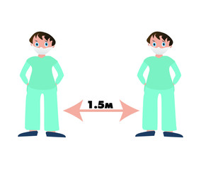 Social distancing, keep the 1,5 meter distance. Concept social awareness.  Two men in protective masks. Coronavirus Prevention covid-19. Vector illustration on white isolated background.
