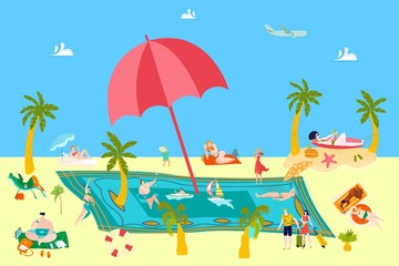 Fototapeta na wymiar Summer beach rest at sea vacation with people sunbathing, sailing surfing on sand, water resort flat vector illustration. Travel to sea or ocean for holiday, tropical beach and people swimming.